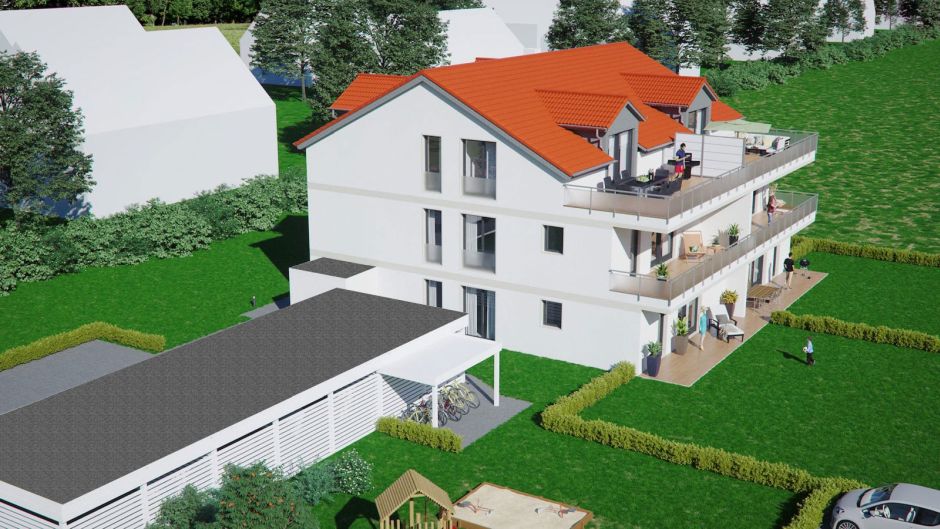 Moderne Wohnanlage mit Grünflächen Ein modernes, mehrstöckiges Wohngebäude mit weißen Fassaden und Balkonen.