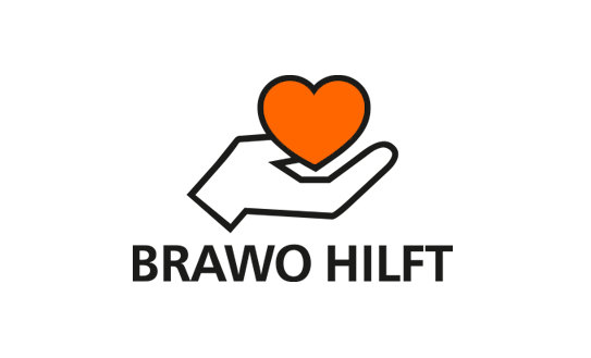 Das Bild zeigt ein stilisiertes Symbol: Eine schwarze Hand, die ein oranges Herz hält. Unter dem Symbol steht in schwarzer Sc